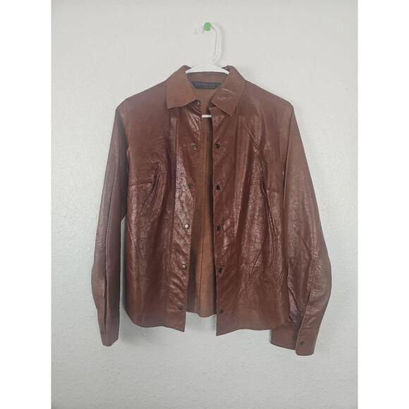 Express World Brand Brown Button Up Leather Jacket Size 11/12 - Picture 1 of 12